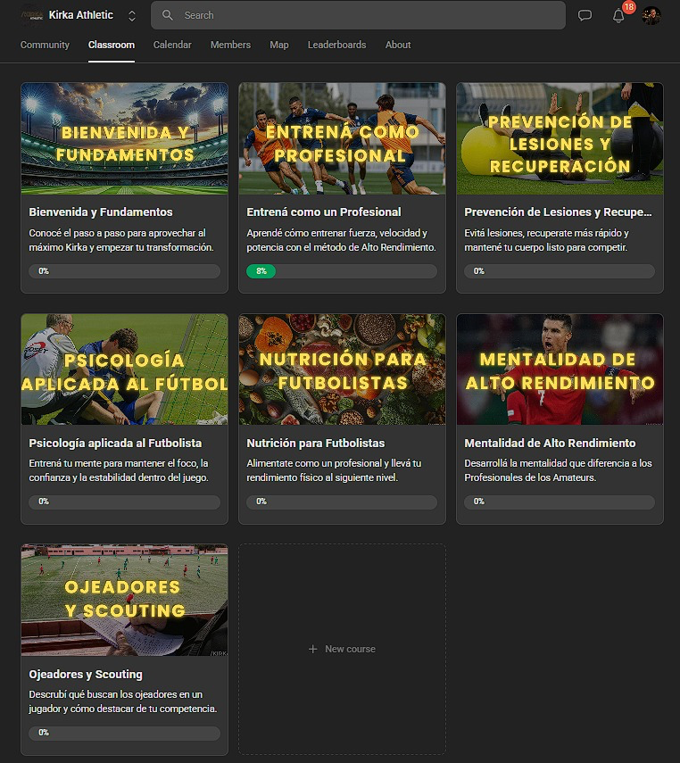 Vista previa de la plataforma Kirka Athletic mostrando los módulos del curso